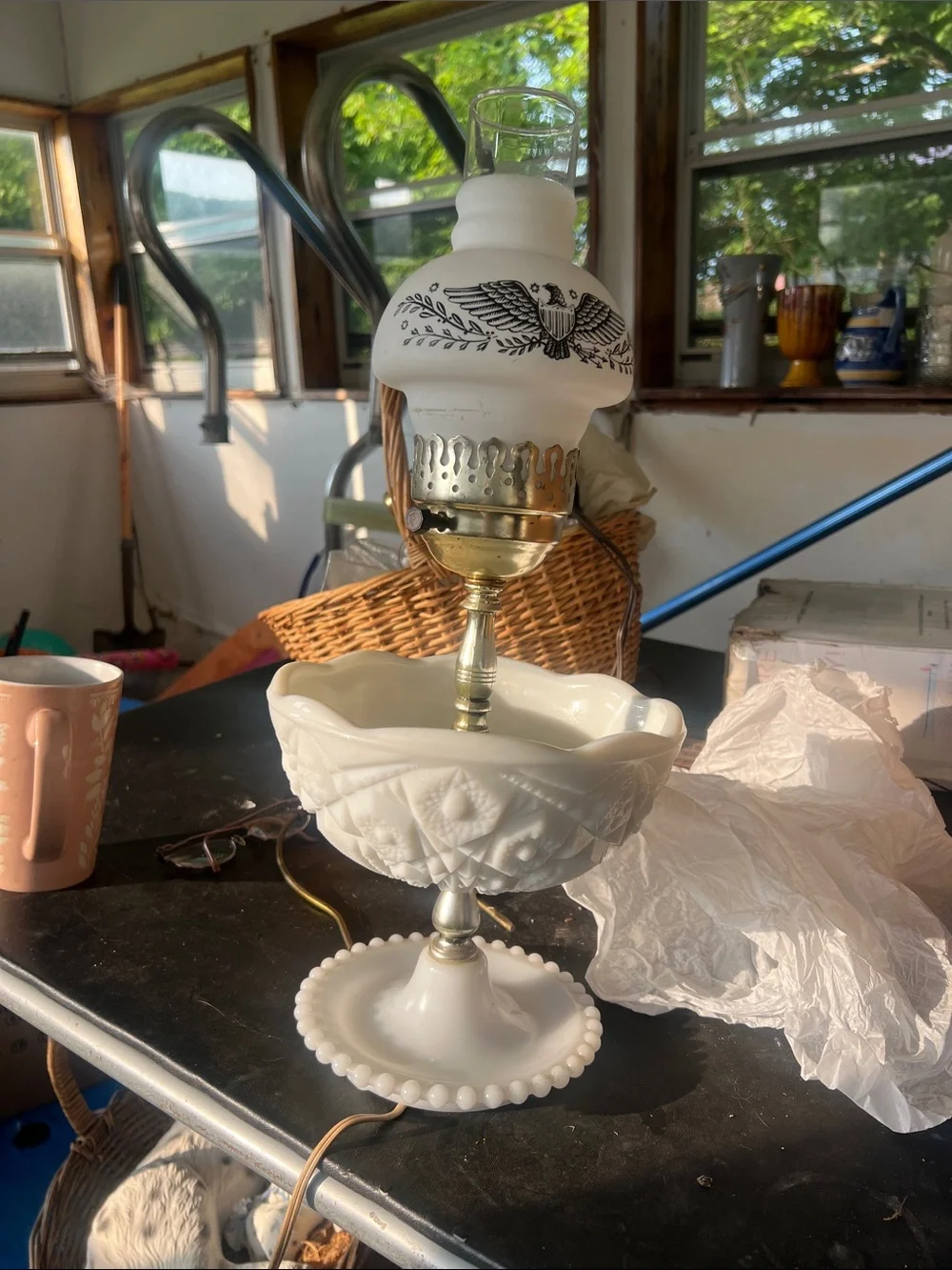 Retro White Milk Glass Pedestal Lamp and Bowl Accent